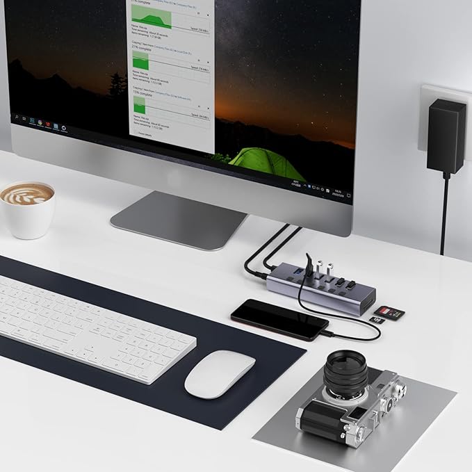 Powered USB Hub with TF/SD Card Reader, 8-Port USB 3.0 Hub with 6 USB 3.0 Data Ports, USB Spilter with Individual On/Off Switches,Aluminum USB Hub with AC Adapter for PC, Desktop, MacBook