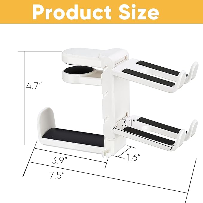 3-in-1 Under Desk Headphone Hanger with Adjustable Clamp Mount, 2 Controller Slots & 1 Headset Universal Holder Stand, Rotatable Hook Rack & Cable Organizer, for Home Gaming Xbox ps5 - White