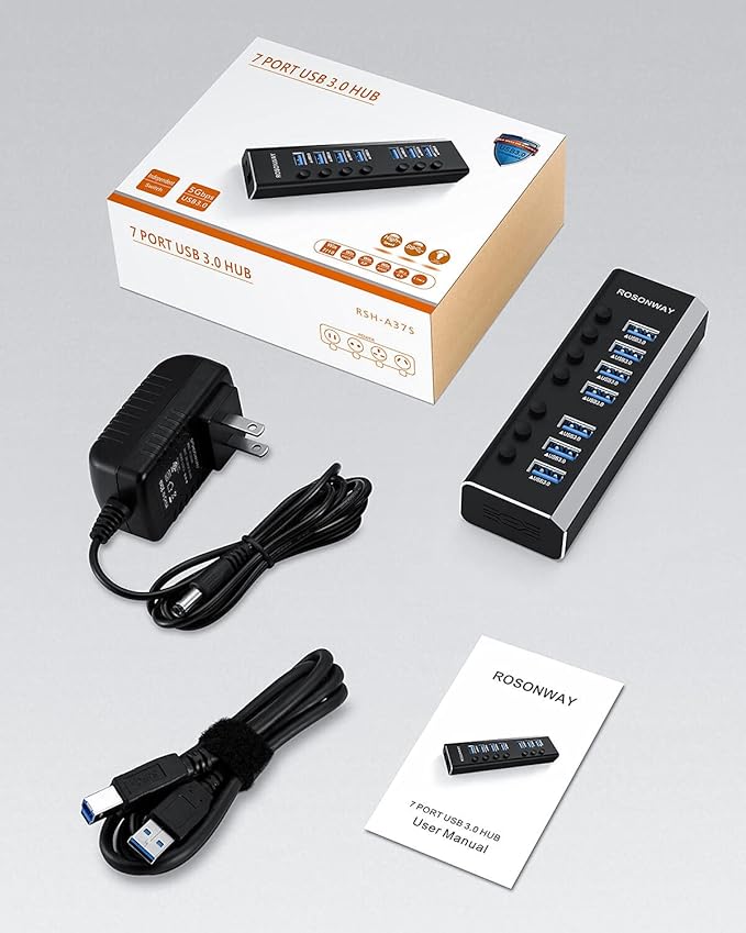 USB Hub 3.0 Powered Rosonway Aluminum 7 Ports USB 3.0 Data Hub Splitter with 24W (12V/2A) Power Adapter and Individual On/Off Switches USB Port Expander for PC and Laptop (RSH-A37S) (Pack of 2)