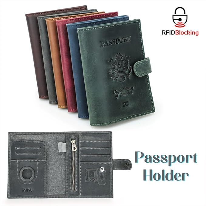 CONTACTS Full Grain Leather Passport Holder with Airtag Slot RFID Blocking Passport Wallet for Men Travel Passport Cover with SIM Card Removal Tool (Badge, Gray)