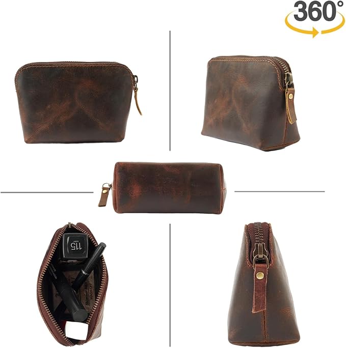 Full Grain Leather Cosmetic Bag – Zippered Makeup Pouch for Women, Small Travel Toiletry & Organizer Pouch for Purse, Premium Handmade Leather (5 × 4 × 2.5 in)