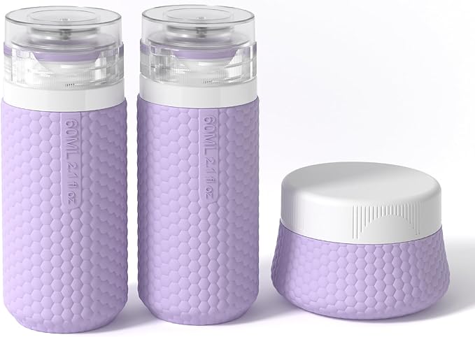 Travel Bottles for Toiletries 2oz 60ml 2 Pack + Cosmetic Jar 40ml 1.35oz Luxury Leather Pattern, Anti-slip Silicone Premium Refillable Bottle Set with Facial Brush On-the-go, Lavender Purple