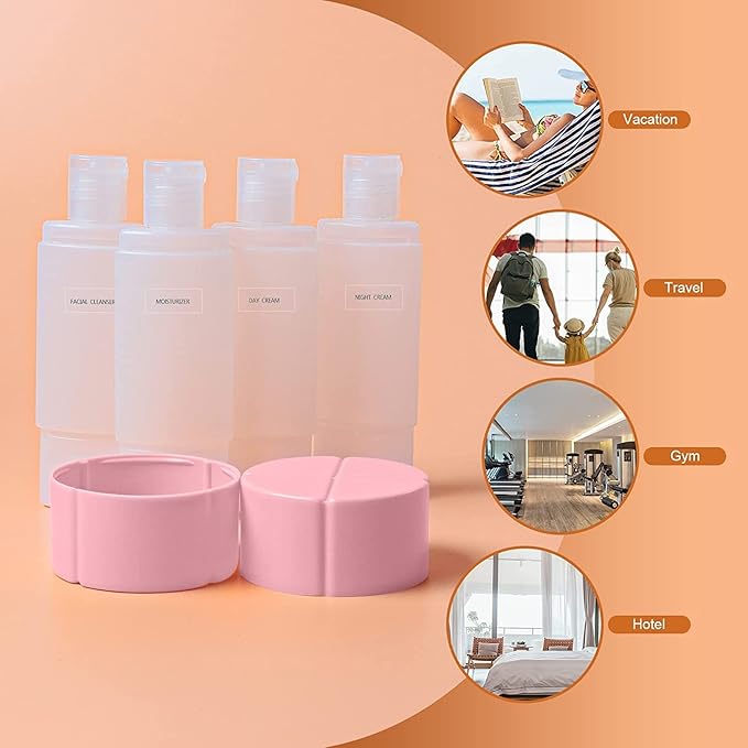 Olatay Travel Bottle, TSA Approved 4-in-1 Leak-Proof Bottle, 4 * 60ml/2oz, with 2 Pre-Printed Labels for Travel Gym Camping, Carry-on Travel Size Toiletries Shampoo Lotion Bottle for Women Men (Pink)