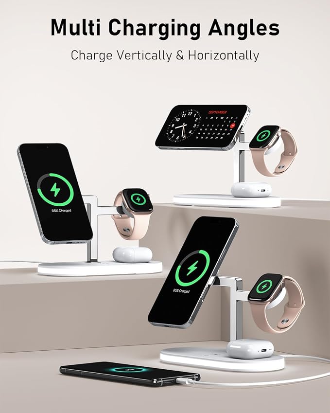 VBA 4 in 1 Wireless Charging Station for Apple MagSafe Charger,Fast Charging Magnetic Wireless Charger Stand with Night Light for iPhone 17 Air 16 15 14 13 12 Series,Apple Watch,AirPods Pro (White)
