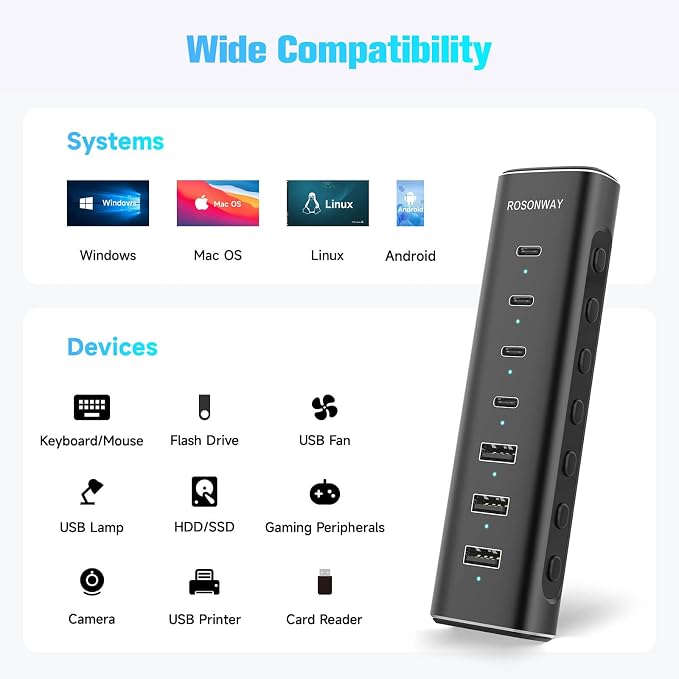 Rosonway 7 Ports Powered USB 3.2/USB C Hub 10Gbps with 4 USB-C 3.2, 3 USB-A 3.2 Ports, 3.3ft Cable and 36W(12V/3A) Power Adapter, Aluminum USB Splitter for Laptop, RSH-H7C4
