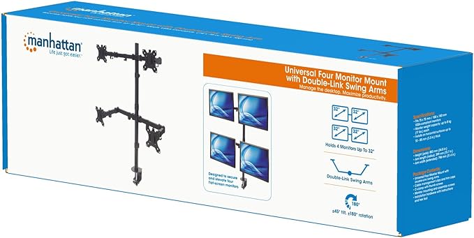 Universal Four Monitor Mount with Double-Link Swing Arms Holds Four 13" to 32" LCD Monitors up to 8 Kg (17 lbs.), Black 461566