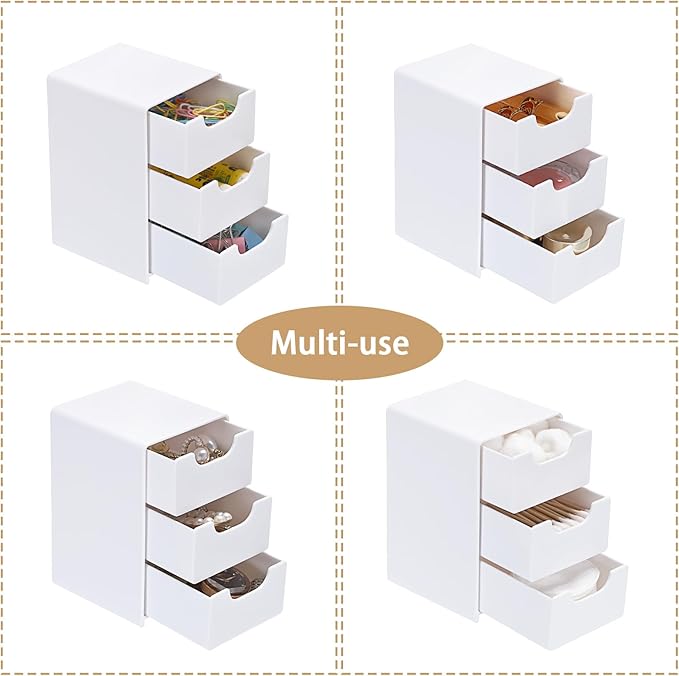 BTSKY 2 Pack Small Acrylic Storage Organizer with Drawers, 3-Layer White Desktop Organizer for Office Supplies Mini Storage Box with Drawers for Desk, Desktop Makeup Drawer Jewelry Storage Box