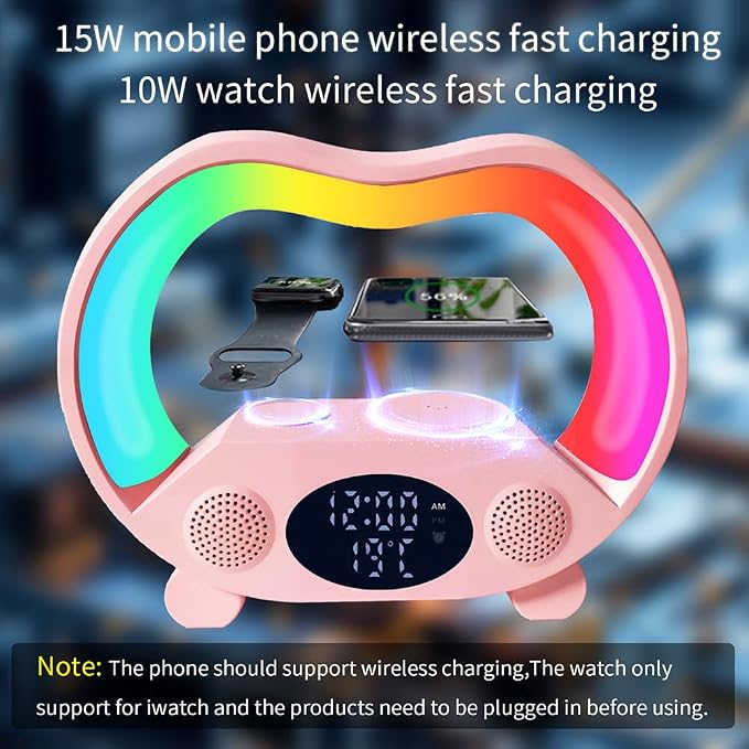 IHAO 6in1 Multi Functional Wireless Charger Bluetooth Speaker Time&Temperature Display Alarm Clock 7-Color LED Night Lights Fast Charger for Phone Apple Watch Earbuds Remote Control-Black