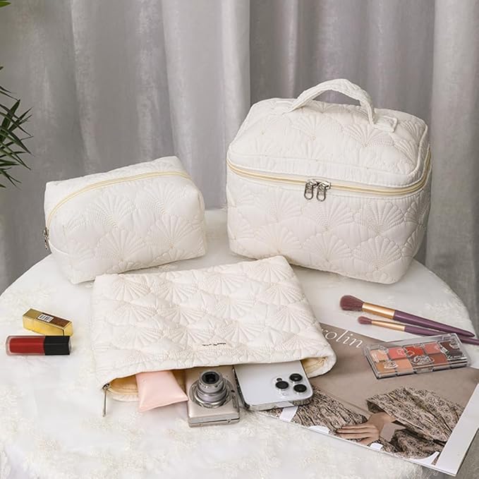 3 Pieces Quilted Cotton Makeup Bag,Large Capacity Cosmetic Organizer for Travel,Portable Cute Toiletry Pouch for Women,Makeup Artists,Organizing Enthusiasts,White Shell