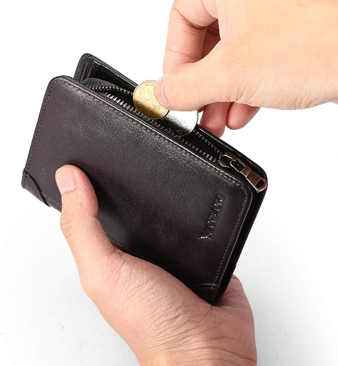 MANBANG Mens Wallet Zipper Genuine Leather RFID Card Holders Cowhide Zip Coin Pocket Bifold wallets for men