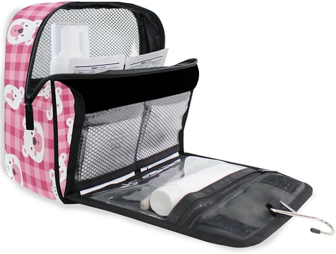 senya Hanging Travel Toiletry Bag Cute Kit Makeup Case Cosmetics Organizer for Men Women (Pink Checkered Bear's Face)