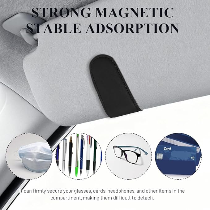 Magnetic Sunglass Holder for Car Visor, Sunglasses Visor Clip, Magnetic Leather Vehicle Glasses Ticket Card Clip, Automotive Eyeglass Hanger Organizer Accessories for Most Vehicles (Black)