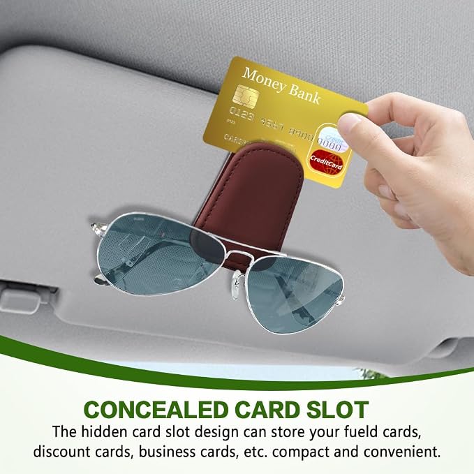 Sunglass Holder for Car, Sunglasses Clip for Car Visor, Magnetic Leather Vehicle Eyeglass Hanger Clip, Auto Ticket Card Glasses Organizer Clamp Accessories for SUV Sedan (Wine Red)