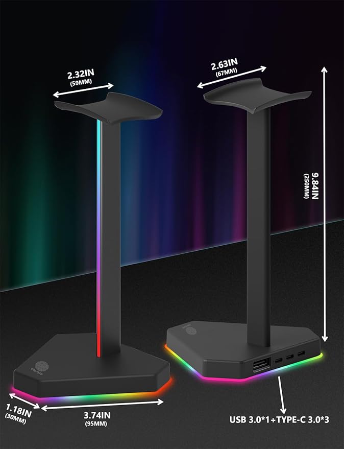 RGB Headphones Stand with 1 USB-C Data Transmission& 3 Type-C Charging Port, Desk Gaming Headset Holder with 7 Light Modes and Non-Slip Rubber Base (Black)