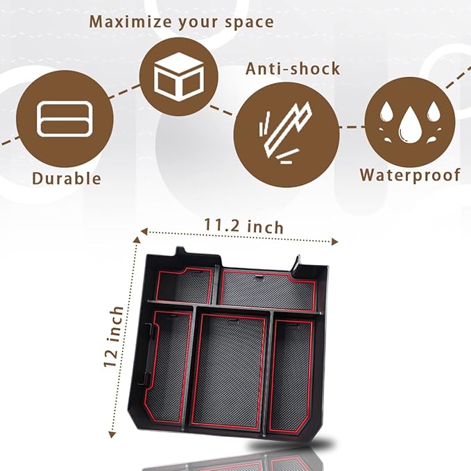 Muslogy Center Console Organizer Compatible with 2022-2025 2026 Toyota Tundra Accessories & 2023-2026 Sequoia Console Storage Box Divider Insert Tray ABS Material with Non-Slip Mats(Rubber Red)