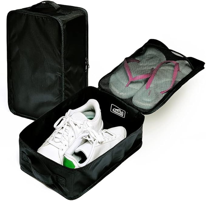 Travel Shoe Bags, Foldable Waterproof Shoe Pouches Organizer-Double Layer (2+2 Black Shoe Bags)