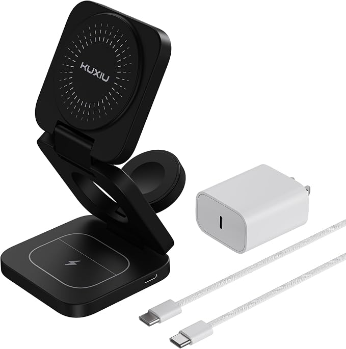 KU XIU X55 Turbo Qi 2.2 25W 3-in-1 Charging Station for Apple Device, Foldable Magnetic Charger for iPhone 17/16, 5W for Apple Watch & AirPods, Fast Travel Wireless Charging Stand with 45W Adapter