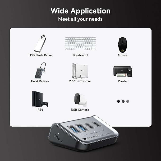 Yottamaster 4-in-1 USB C Hub, 10Gbps USB 3.2 Gen 2 Desktop Hub with 2 USB-A& 2 USB-C Data Ports, 2-in-1 USB-C/A Cable, Angled USB Splitter for PC, Laptop, Mac mini, MacBook, iMac(Not Support Charging)