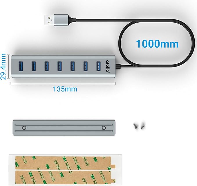 atolla 7-Port USB 3.0 Hub with Removable Sliding Rails - High-Speed Data Splitter for Desk Organization & Stable Connection, Compatible with MacBook, Laptop, PS4, PC