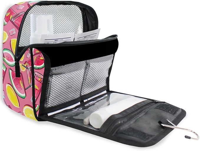 Hanging Travel Toiletry Bag Kit Boys Makeup Case Cosmetics Organizer for Men Women (Watermelon Slices Pink Lemonade)