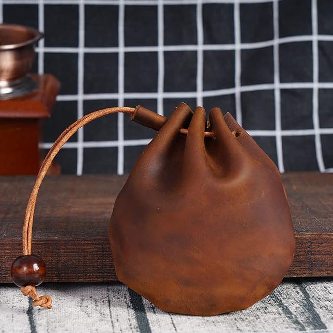 1 Pcs Mini Leather Drawstring Coin Purse Vintage Leather Coin Bag, Coin Organizer, Change Holder,Leather Drawstring Pouch for Men & Women
