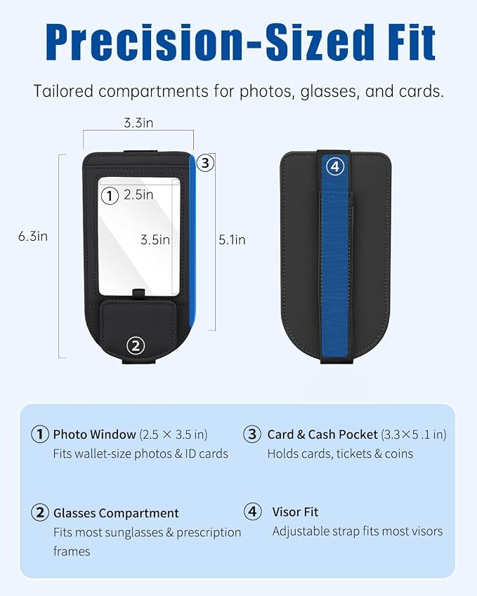 Car Visor Sunglasses Holder, 3 in 1 Glasses Clip with Photo Picture Display & Extra Storage Pocket, Anti-Slip Universal Sun Visor Organizer, 2026 Upgraded (1, Black)