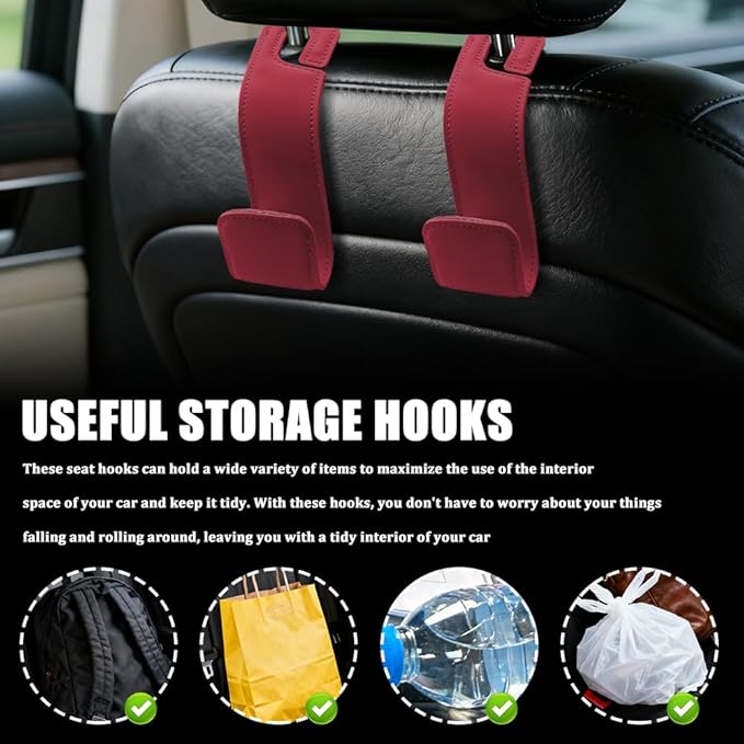 Car Seat Headrest Hooks, Purse Hook for Car, Automotive Headrest Handbags Holder, Auto Accessories Leather Seatback Organizer Hanger for Hanging Purses Bags Coats (Red, 1PCS)