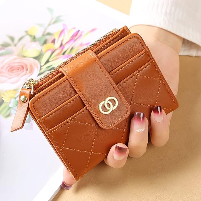 Avando Small Wallet For Women- Credit Card Holder Wallet For Women Girls- Zipper Small Bifold Wallet Mini Coin Purse With ID Window (Khaki)