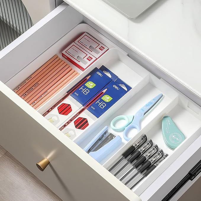 Shallow Drawer Organizer (1.57" H), Modular Expandable Desk Divider (Width 10.6"-17.9" OR Length 16.1"), Detachable Tray for Office Stationery, Makeup, Kitchen Utensils, White