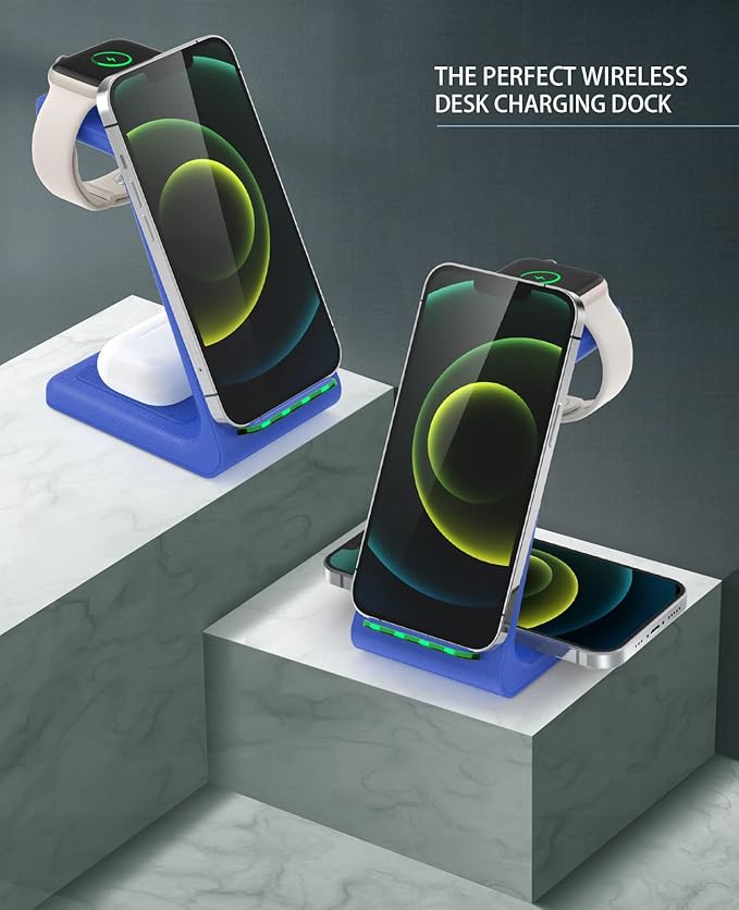 3 in 1 Wireless Charging Station, 2026 Upgraded Fast Desk Charger Station for iPhone 17 16 15 14 13 12 Pro Max Plus, Charger Stand for Apple Watch 10 9 8 7 6 5 4 3 2 SE, Airpods 4 3 2 Pro(Blue)