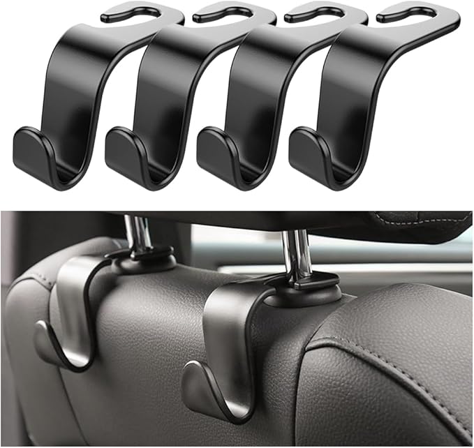 Car Back Seat Headrest Hooks, 4 Pack Black Stylish Back Seat Hanger for Car Handbag Clothes Coats Grocery Bags, Car Interior Accessories (Black2)