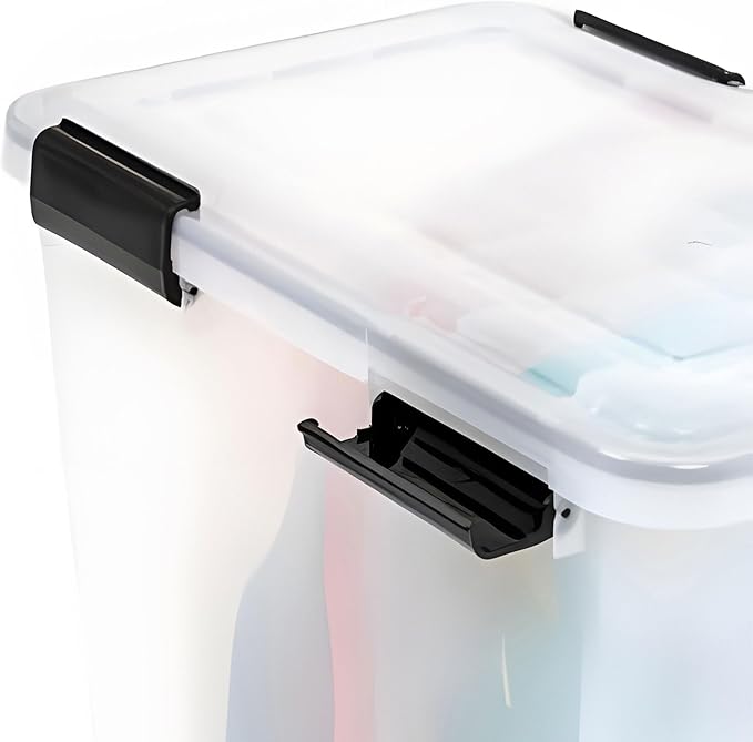 IRIS USA WeatherPro 63 Qt Storage Bins with Lids, 4 Pack, BPA-Free Plastic Gasket Box with Tight Latch and Seal, Stackable Nestable Tote Tub - Clear/Black