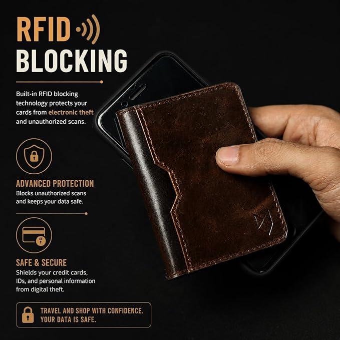 FOXHACKLE Full Grain Leather Credit Card Holder for Men and Women, Slim Bifold RFID Blocking Wallet, Thin Front Pocket Minimalist Wallet, Small Card Case.