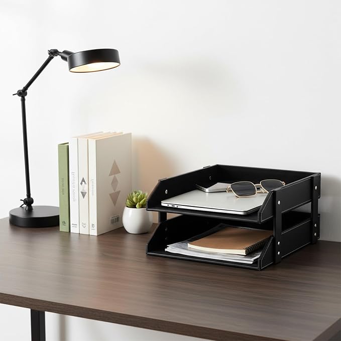Leather Desk File Organizer 2-Tier Stackable Letter Tray Holder Desktop Organization Holder for Document, Magazines, Newspapers, Letters, and Other Home Office Paper Sundries, Black
