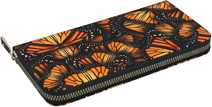 Orange Monarch Butterflies Wallet for Men Women Elegant Long Clutch Zip Around Travel Leather Coin Purse Large Capacity Credit Card Holder Handbag