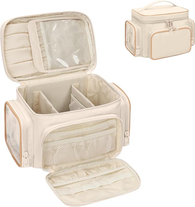 Bagmoly Large Makeup Bag, Portable Travel Makeup Bag Organizer for Women Girls with Makeup Brush Compartment & Two Side Pockets, Cosmetic Travel Bag Vertical Storage Toiletry - White