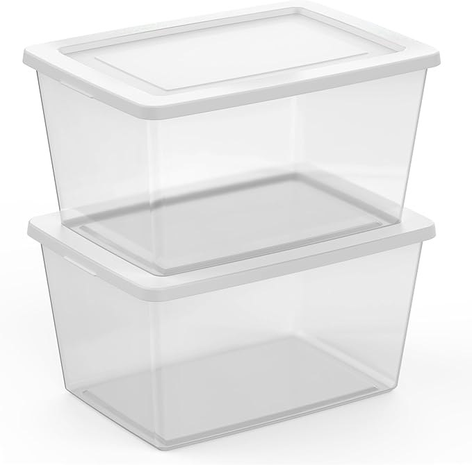 Sterilite 12 Pack Storage Boxes, Clear Plastic Stackable Containers, Lightweight Home Organizers with Snap Lids, 58 Quart, White