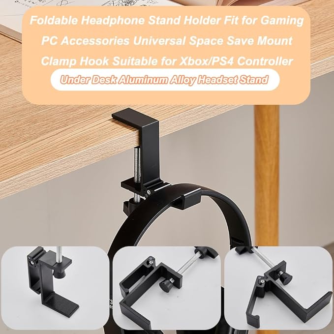 Foldable Headphone Stand Hanger Holder Under Desk Aluminum Alloy Headset Stand Fit for Gaming PC Accessories Universal Space Save Mount Clamp Hook Suitable for Xbox/PS4 Controller Office Computer Desk