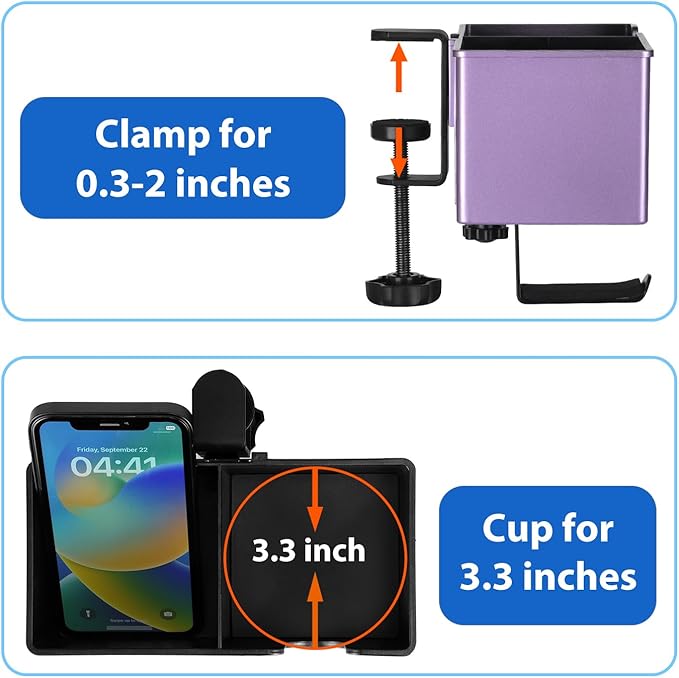Rosyline 3-in-1 Desk Cup Holder & Clip-on Cup Holder, Clip on Desk Organizer – with Anti-Spill Function, Keeps Your Coffee, Headset, Phone & Pens Within Easy Reach, for Office Desk (Purple)