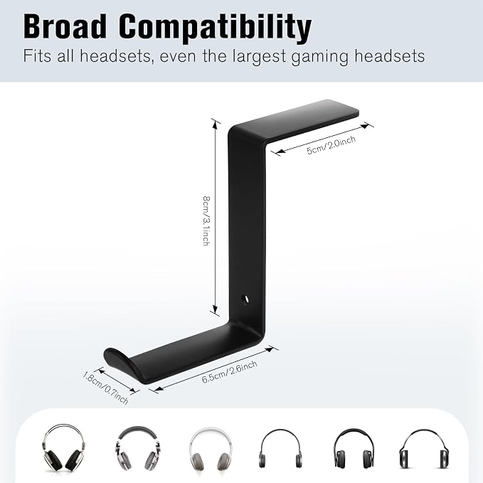 Headphone Holder for Monitor, Premium Metal Headsets Stand, Sticky Headphone Hanger Hooks Hold 10Lbs, Headset Mount for Screen Side, for Airpods Max and All Headphone, Black