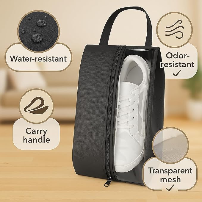 Shoe Bag for Travel Water Resistant Shoe Organizer with Transparent PVC Window, Carry Handle, Heavy-Duty Zipper, Fits Men's Size 11, for Golf, Gym, Sports & Soccer Cleats- (Pack of 2)