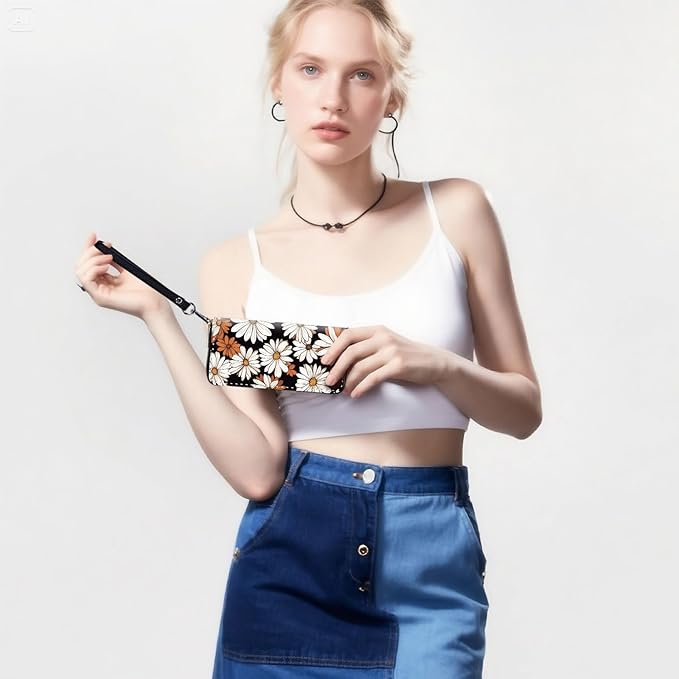 RFID-Blocking Zip Around Wallets for Women with Detachable Wrist Strap,Large Capacity Phone Holder with Card Organizer & Coin Pocket,White Flower Daisy
