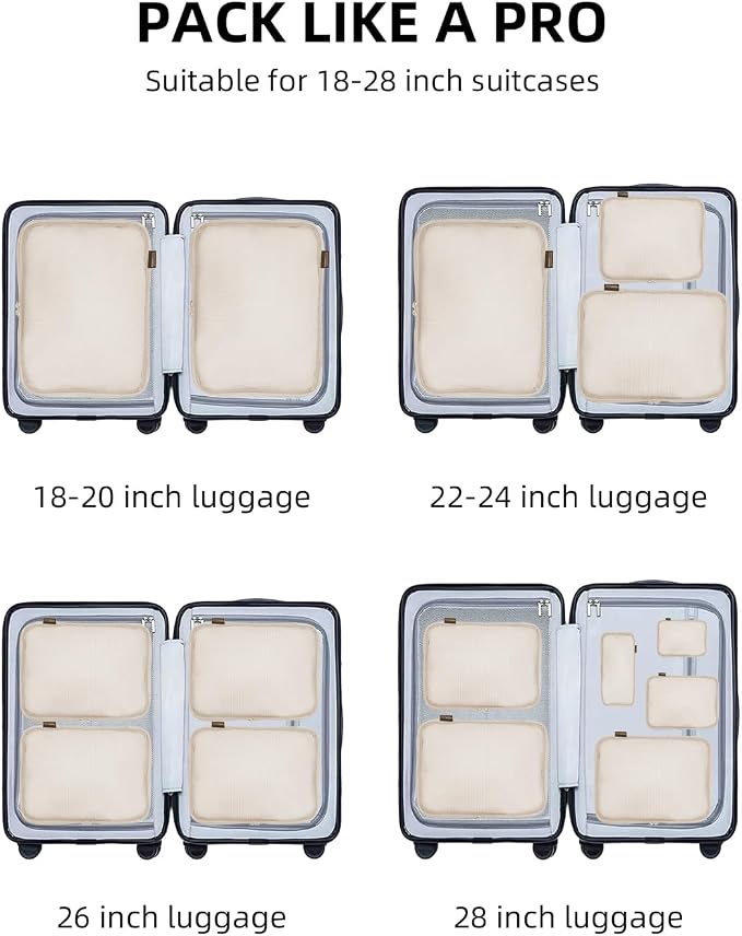 Compression Packing Cubes for Travel, 6-Piece Set (Large/Medium/Small), Double-Zip Luggage Organizers for Suitcase & Carry-On, Clothes Storage Bags (Cream White, 6 Pack)