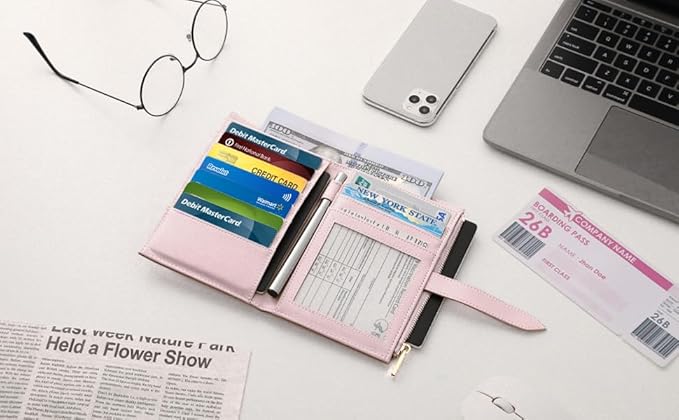 Passport Holder for Travel,Leather Passport Wallet,Travel Document Organizer with AirTag Slot,RFID Blocking With Credit Cards Case,Zippered Coins Pocket and Cash Slot for Women Men