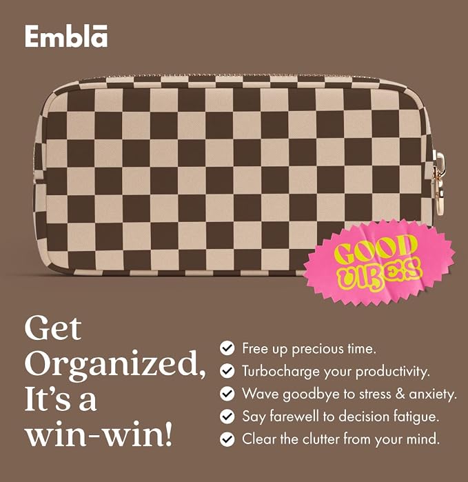 Makeup Bag Travel Cosmetics Pouch and Toiletry Bag, Nylon Zipper Pouch Purse, Cute Make Up Organizer Storage Tote for Women Girls, Travel Skincare Case, Small Makeup Case, Chocolate Sand Checkered