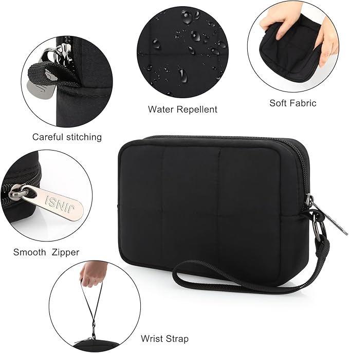 Small Zipper Puffer Makeup Bag for Wristlet Wallets, Quilted Nylon Cosmetic Pouch Organizer Toiletry Bag for Travel, Cute Make Up Bags Purse for Women Girl, Black