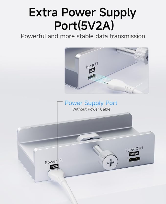 USB Hub 3.1, 10Gbps Clamp USB Hub with 2 USB-A Data Ports, 2 USB-C Port with Extra Power Supply Port (Silver)