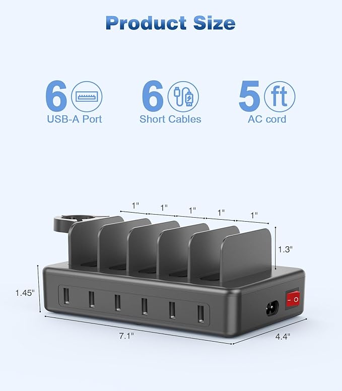 CREATIVE DESIGN 50W Fast Charging Station, 6 Port Apple Charging Station for Multiple Devices Compatible with iPhone,iPad, Tablet,Kindle ect,with 6 Short Cables and Apple Watch Holder(Space Gray)