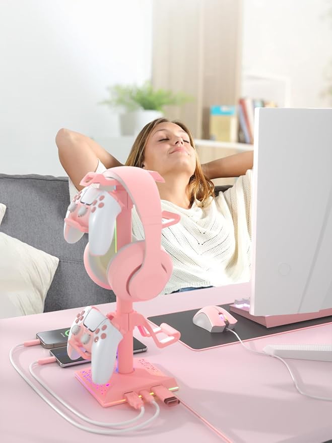 VCOM RGB Gaming Headphones Stand with 2 USB Ports, Pink Headset Stand with 10 Light Modes and Non-Slip Rubber, Suitable for PC Desk Accessories Gamers Gift(Pink)