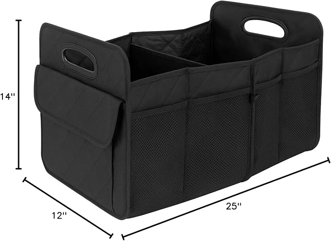 D & K Exclusives Foldable Car Trunk Organizer for SUV & Cars, Heavy-Duty Storage Box with 5 Pockets, Waterproof Fabric, Collapsible Cargo Organizer for Groceries, Tools, Travel & Daily Use – Black